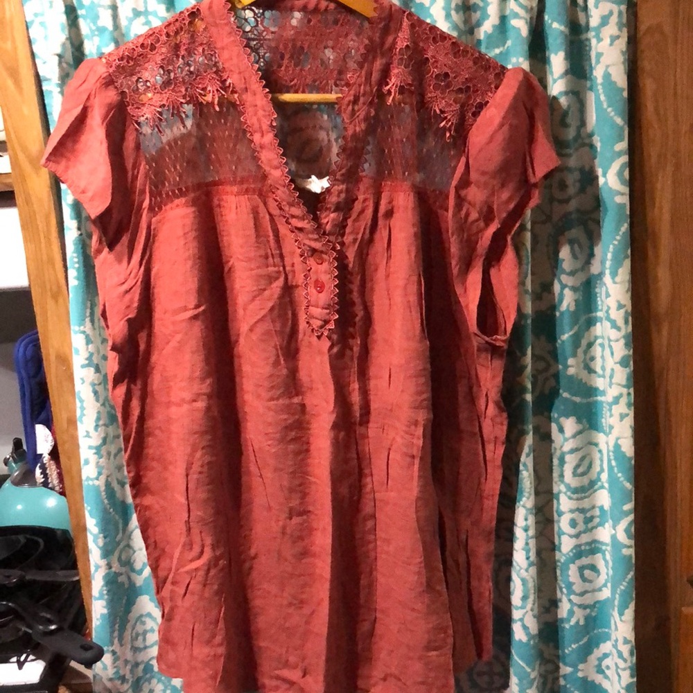 Blu Pepper‎ Rust Relaxed Blouse with Mandarin Collar